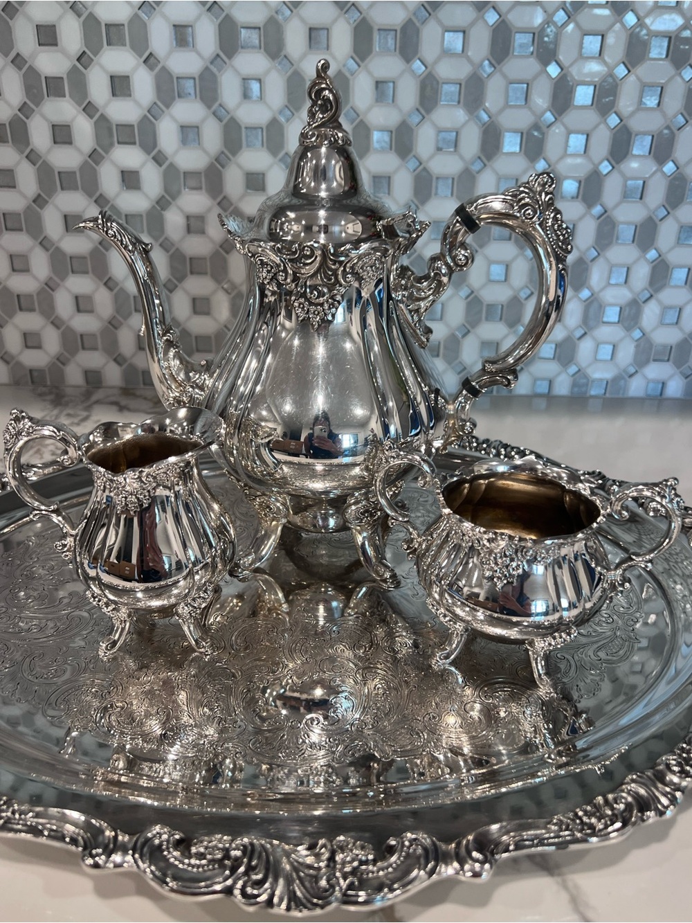 Baroque By Wallace Silver-plate 4-Piece Tea/Coffee Set w/ Tray  Vintage